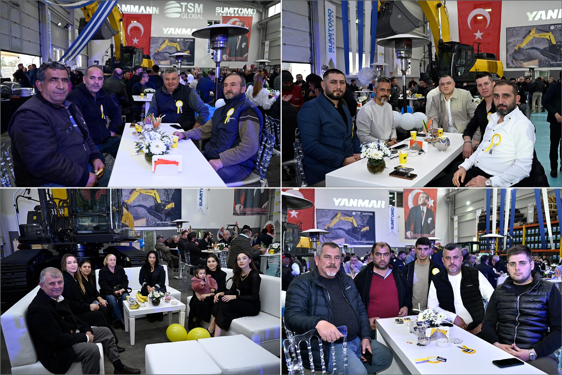 People gathered at an event with heavy machinery, banners for Yanmar and Sumitomo, and Turkish flags.