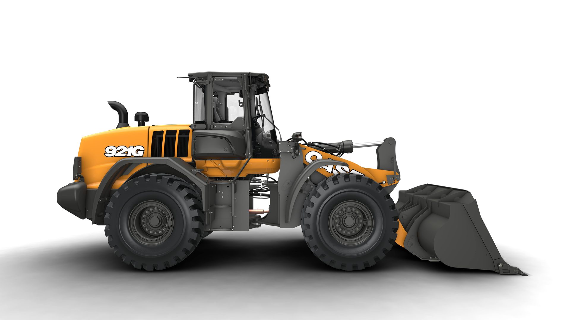 Side view of a yellow and gray Case 921G wheel loader with a large front bucket.