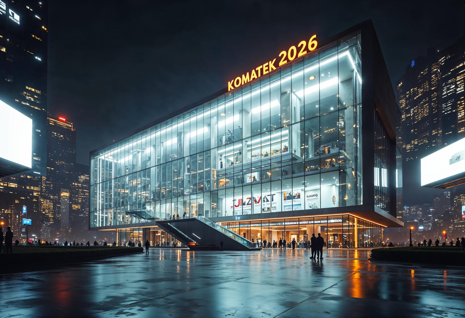 Modern glass building with "KOMATEK 2026" sign, reflecting on wet ground at night in a city.
