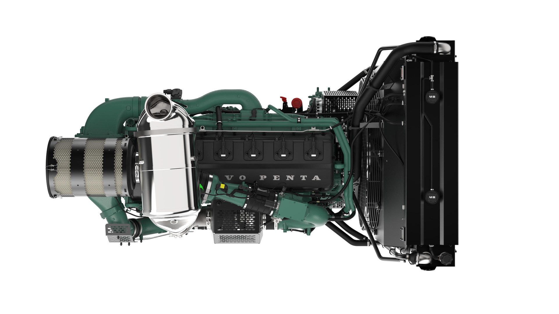A large green and black Volvo Penta industrial engine with a silver exhaust system and radiator.