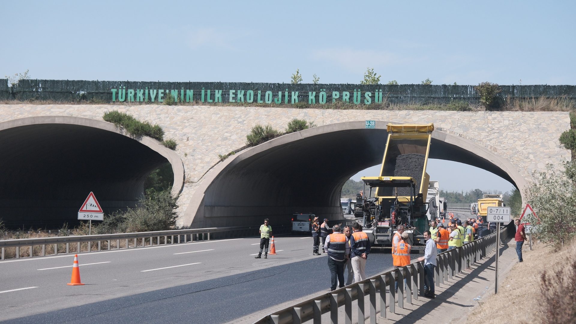 Road paving underway on a highway beneath Turkey's first ecological bridge.