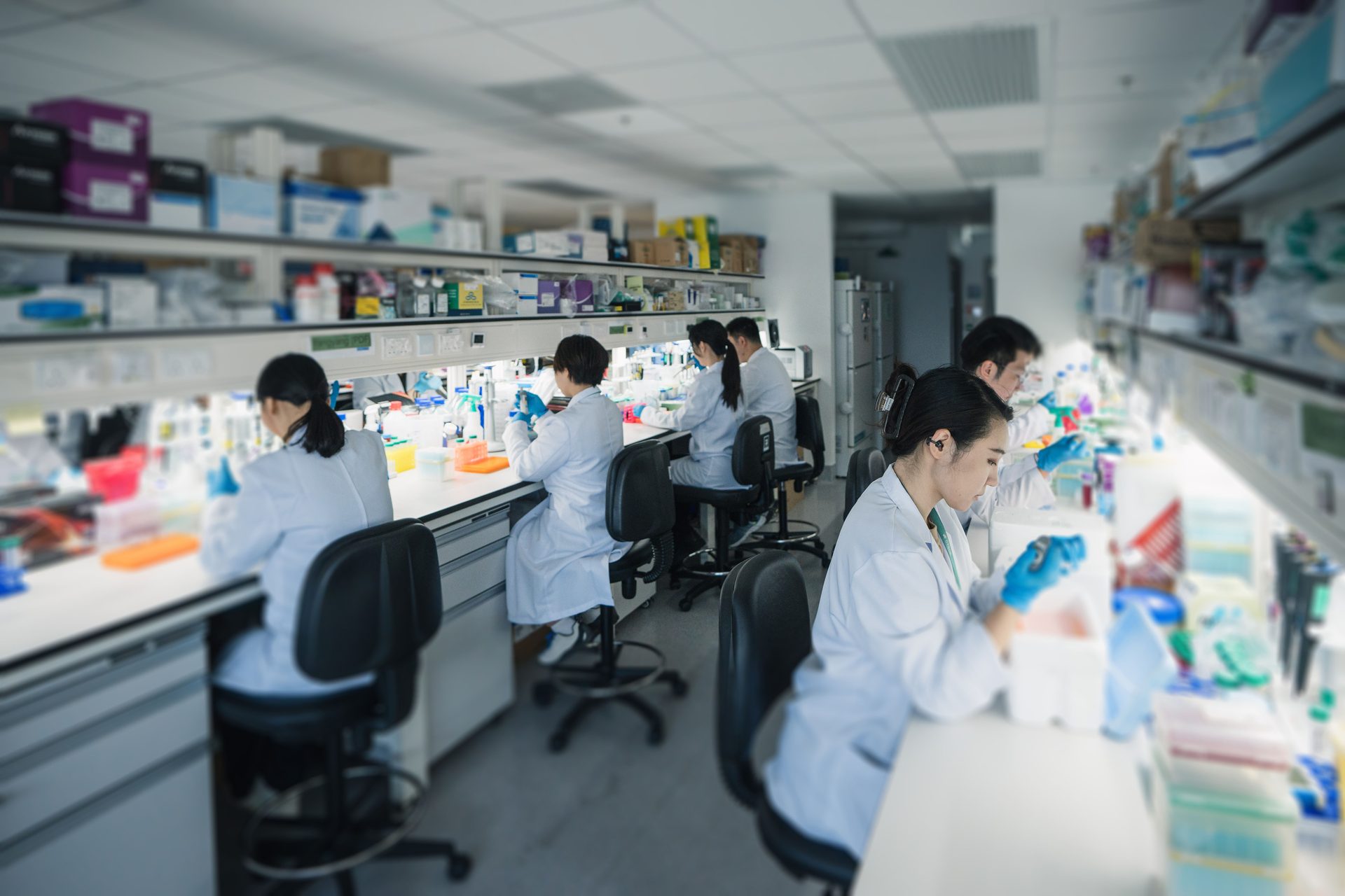 Scientists in lab coats and gloves conducting experiments at benches in a modern research laboratory.