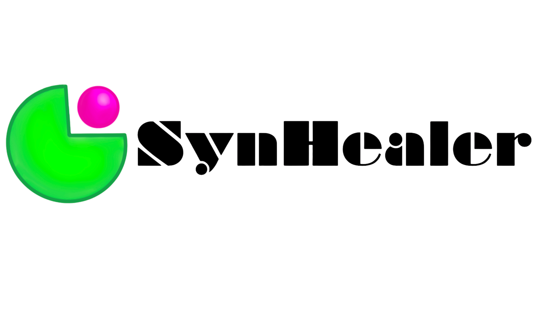 Logo for SynHealer featuring a green Pac-Man-like shape, a pink sphere, and the brand name.