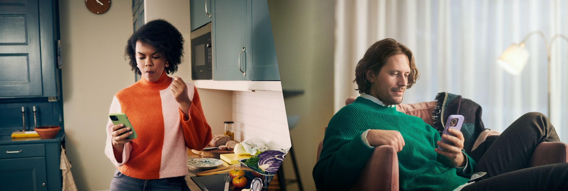 Woman in kitchen, man on sofa, both looking at phones.