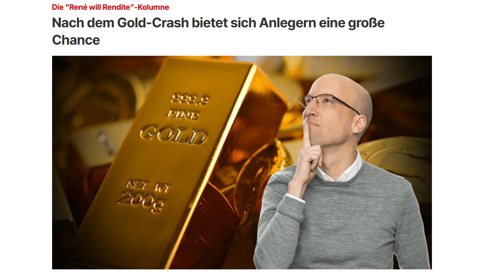 Thoughtful man next to a gold bar, contemplating a post-crash investment opportunity.