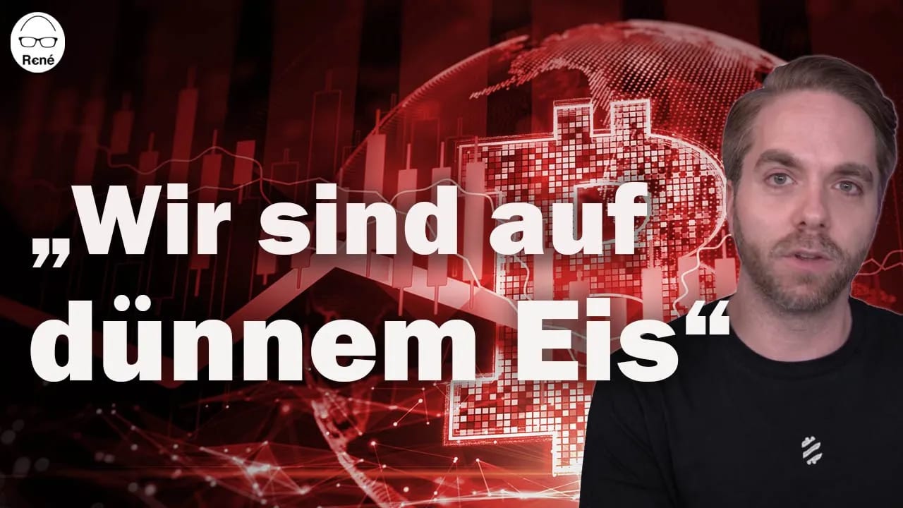 Man in black shirt against red financial background with "Wir sind auf dünnem Eis" text.