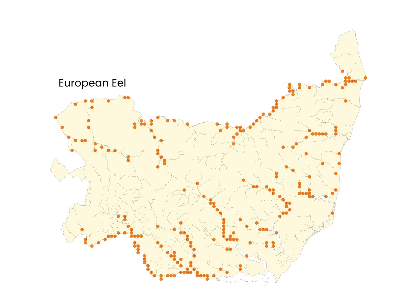 a map showing the distribution of eels in Suffolk