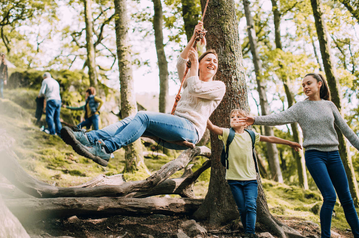 People in nature, Natural landscape, Jeans, Smile, Plant, Tree, Happy, Wood, Gesture, Trunk