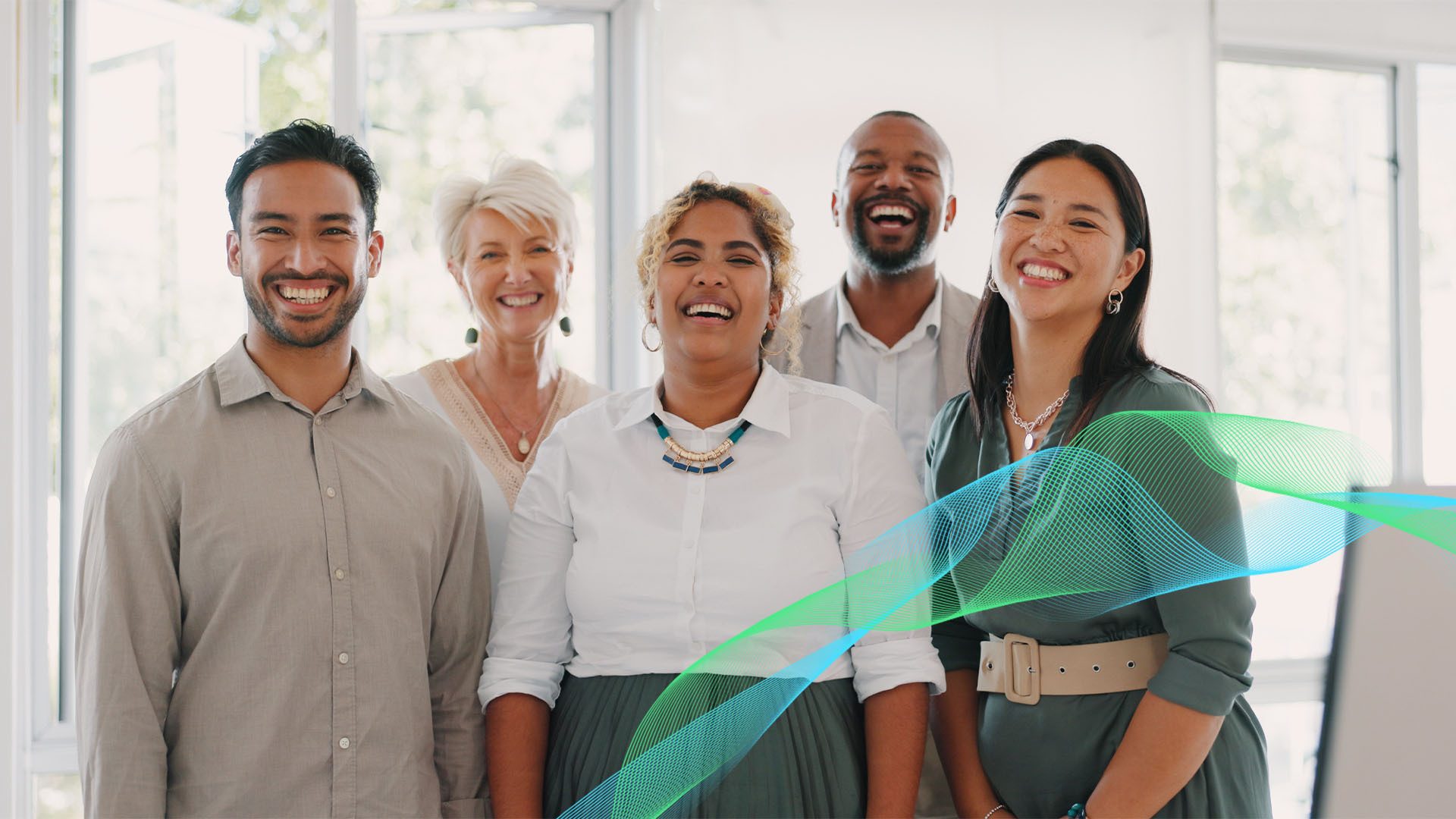 Five diverse, smiling people with abstract wavy lines.
