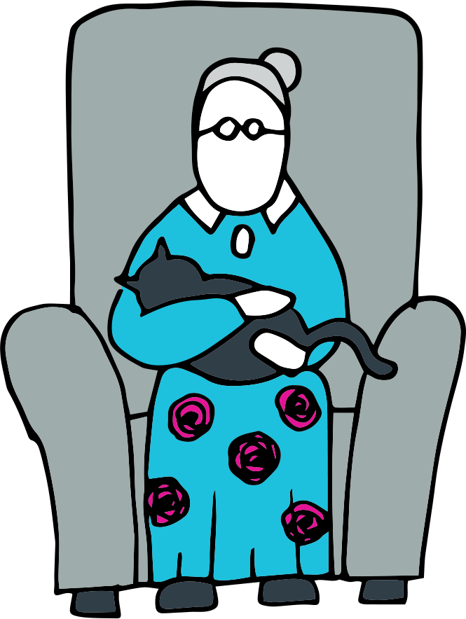 Graphic of lady on chair holding cat