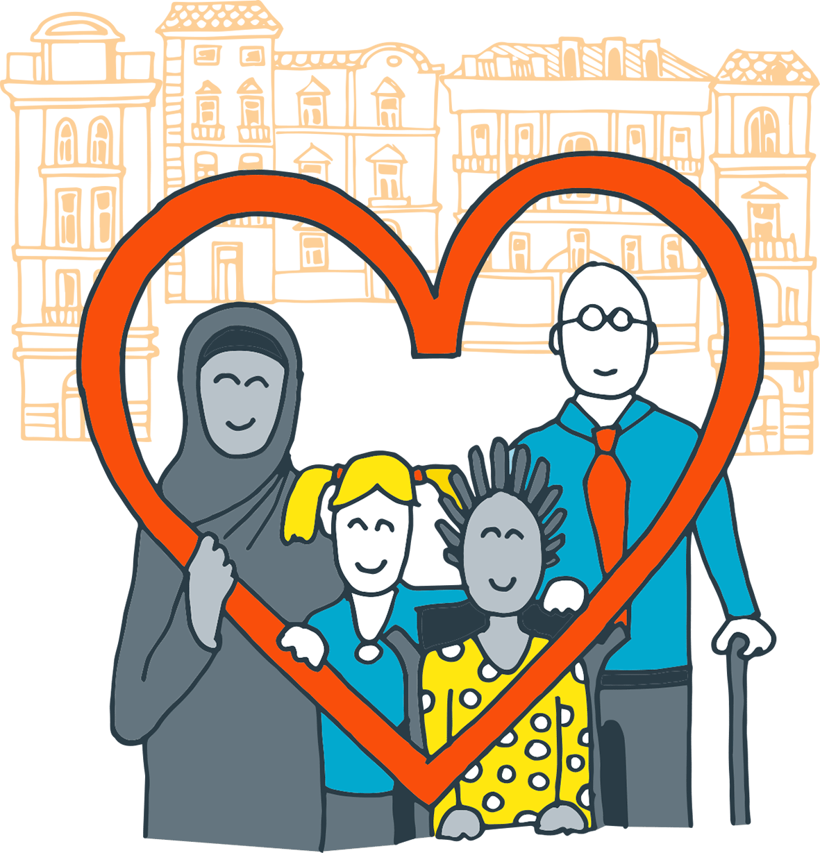 Graphic of people standing behind heart