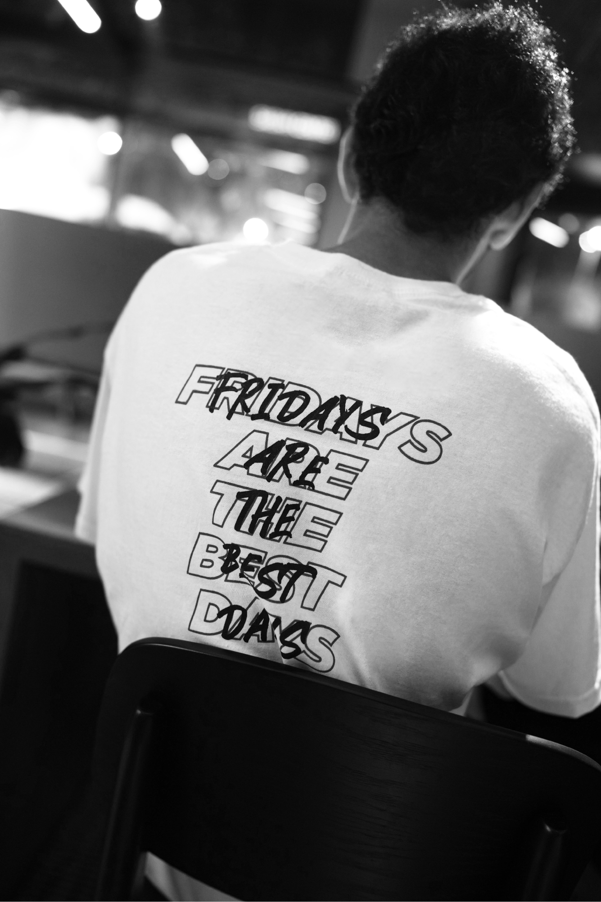 Human body, Hairstyle, Arm, Elbow, Black-and-white, Style, Font, Cool, T-shirt