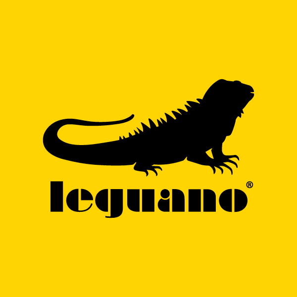 Black silhouette of an iguana above the word "leguano" on a bright yellow background.