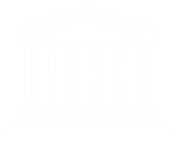 UNESCO logo: white stylized temple with "UNESCO" as columns on a green background.