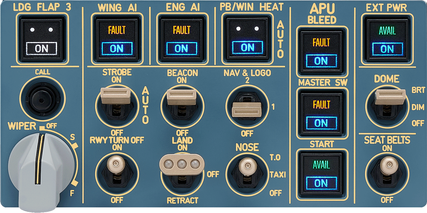 Aircraft cockpit control panel with switches, illuminated indicators, and system labels.