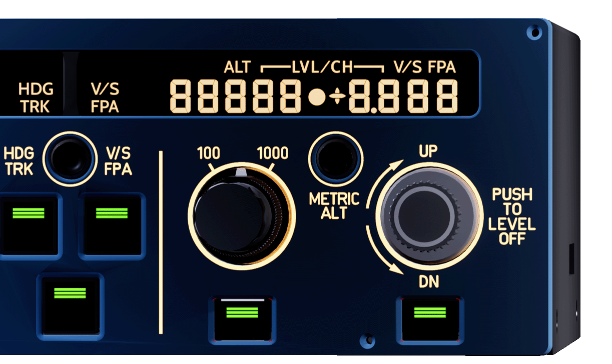 Aircraft cockpit panel with display for ALT, V/S, HDG/TRK, and control knobs.
