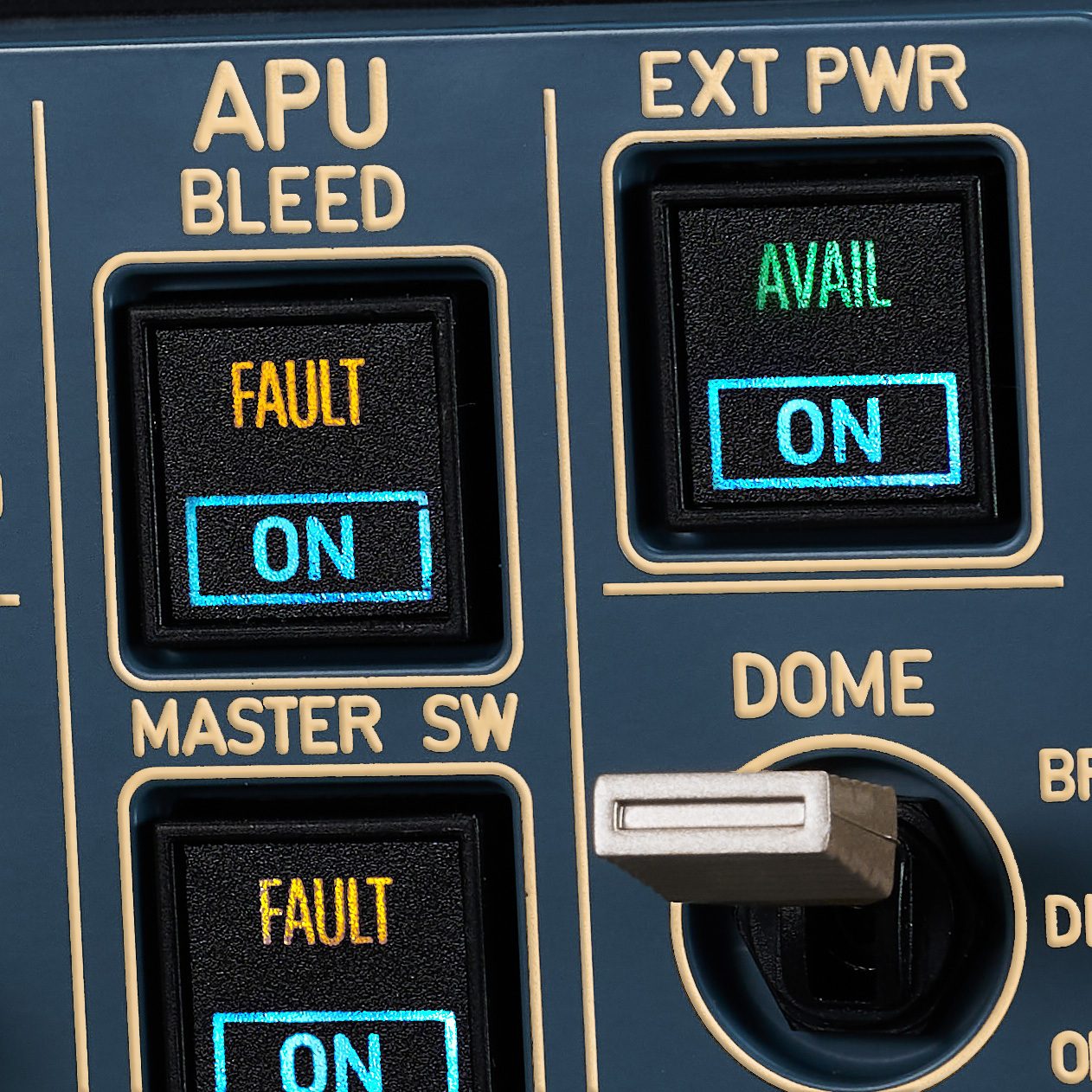 Aircraft cockpit control panel with illuminated buttons for APU BLEED, EXT PWR, and a DOME switch.