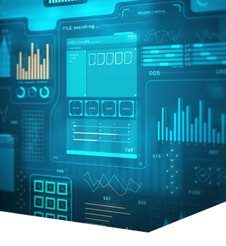 Glowing blue futuristic UI with data graphs, charts, and a 'FILE searching' screen.