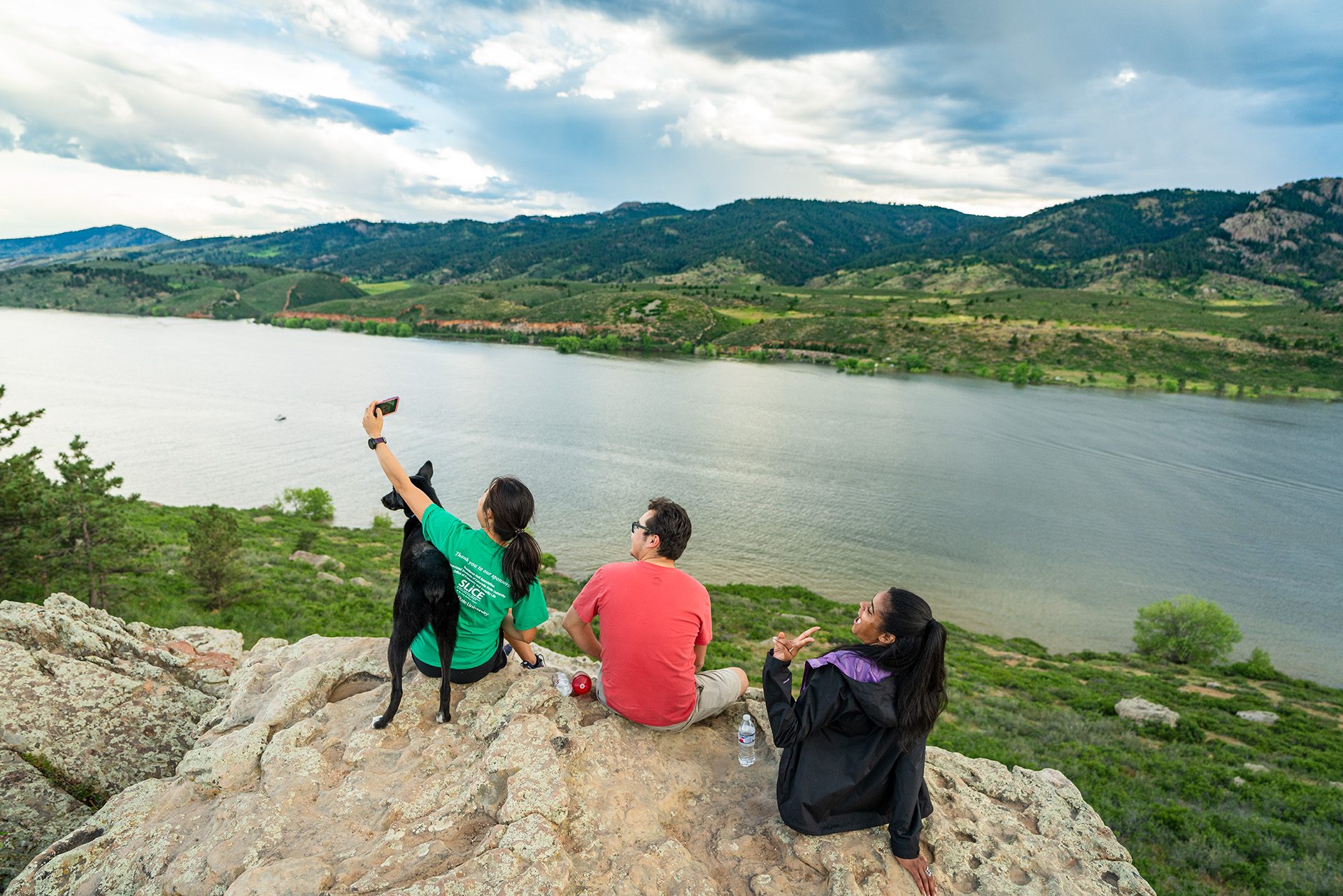People in nature, Natural landscape, Cloud, Water, Sky, Mountain, Plant, Lake, Highland, Travel