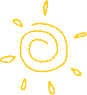 Yellow sun with spiral center and droplet rays.