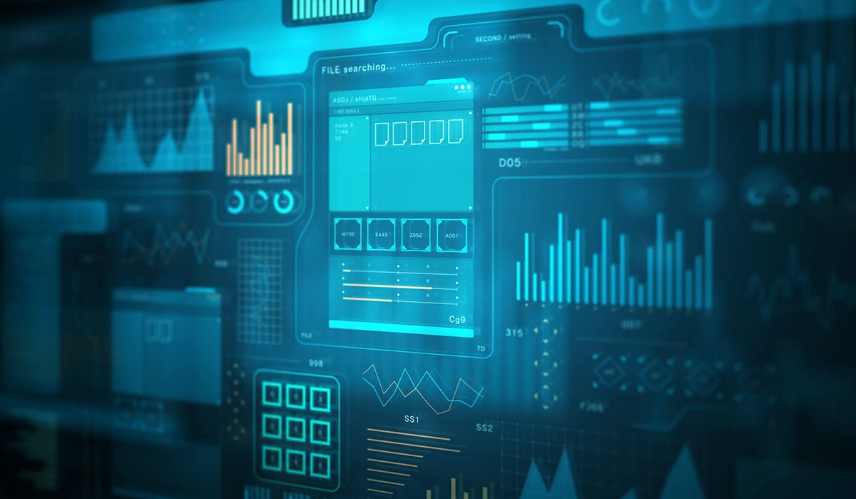 Blue futuristic digital display showing graphs, data visualizations, and "FILE searching" text.