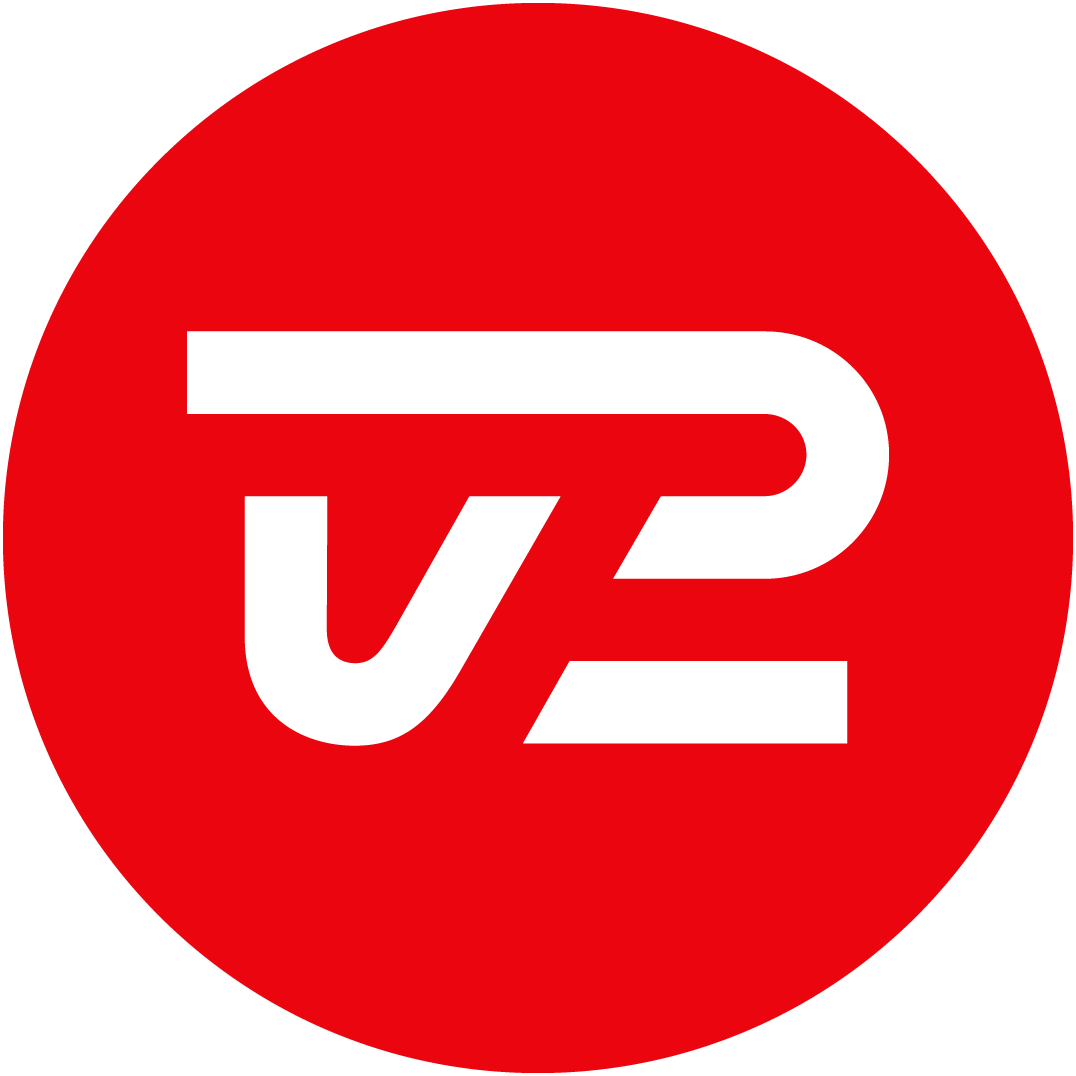 A white stylized 'VP' or 'V2' logo within a solid red circular background.