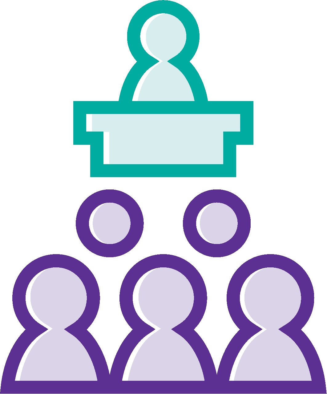 Speaker at podium addressing an audience icon.