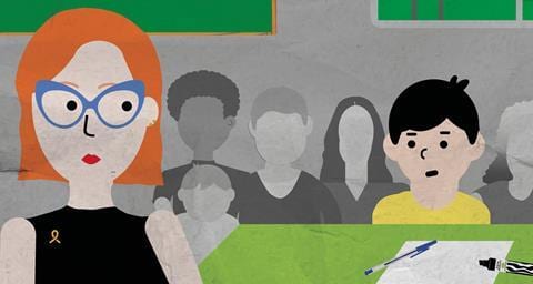 Cartoon of a red-haired teacher in blue glasses looking at a puzzled boy in a classroom.