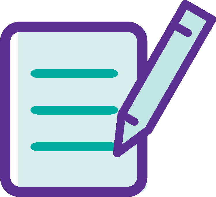 A stylized icon of a notepad with three lines and a pencil writing.