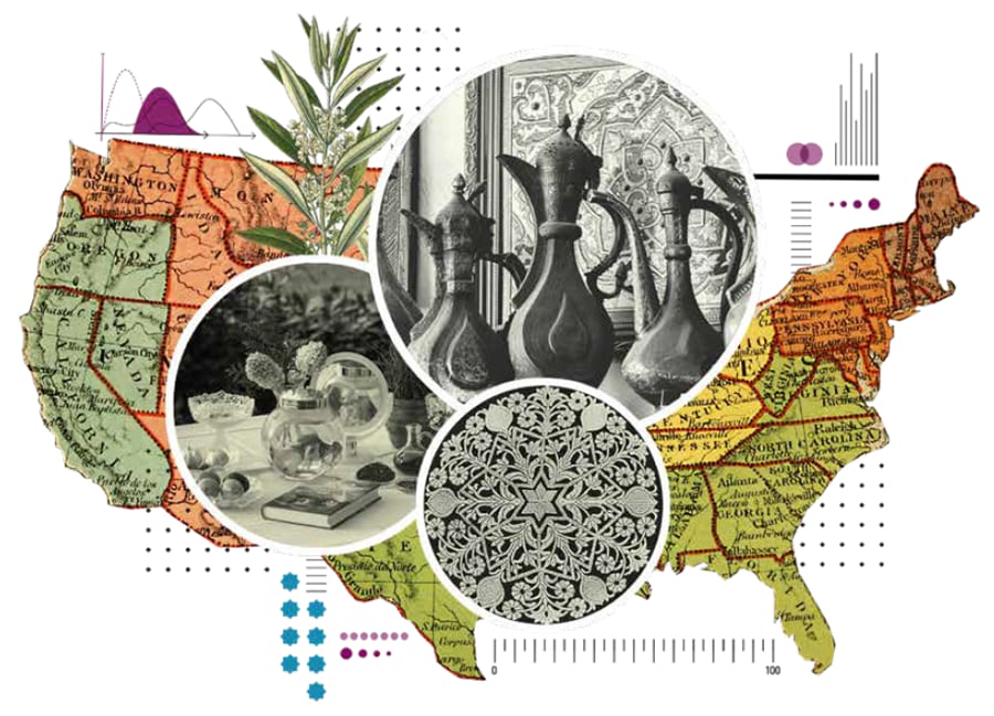 A collage featuring a vintage US map, circular photos (teapots, botanical, still life, pattern), and abstract graphic elements.