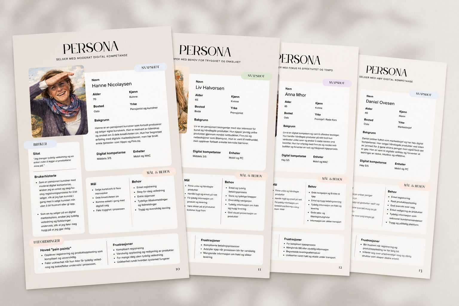 Four user persona documents detailing profiles, goals, and pain points for different user types.