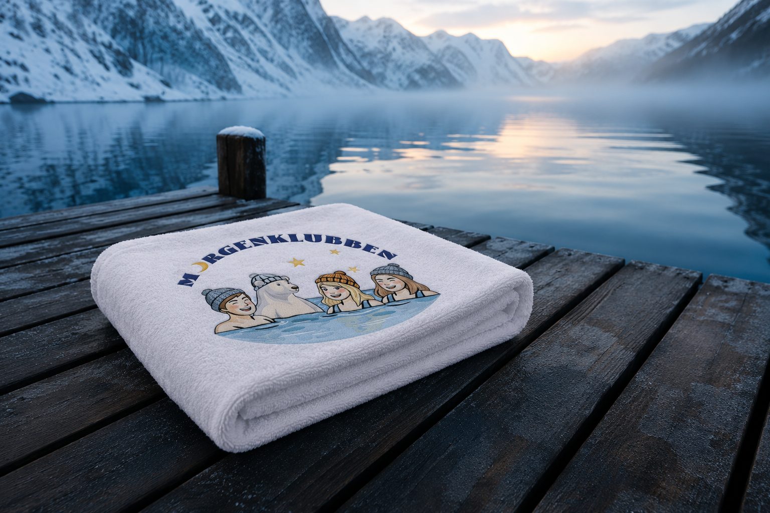 White towel with "Morgenklubben" print on a dock with snowy mountains and a lake at dawn.