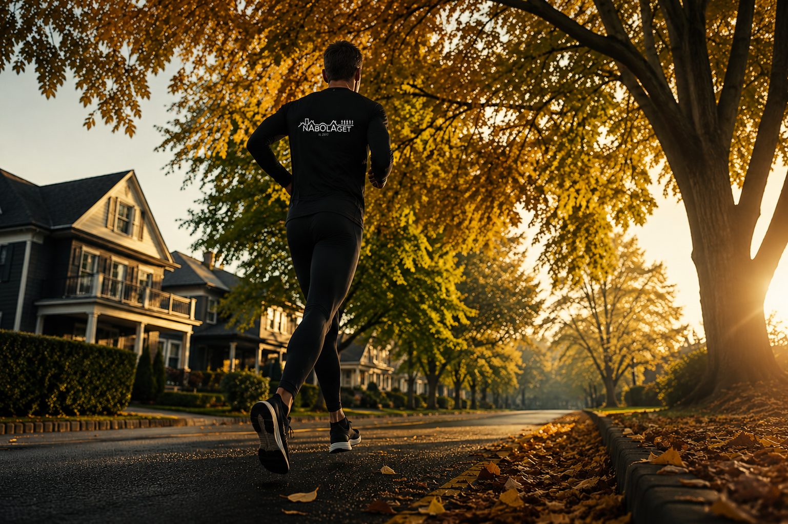 A person jogs down an autumn street, lined with residential houses and vibrant golden trees, bathed in morning sunlight.