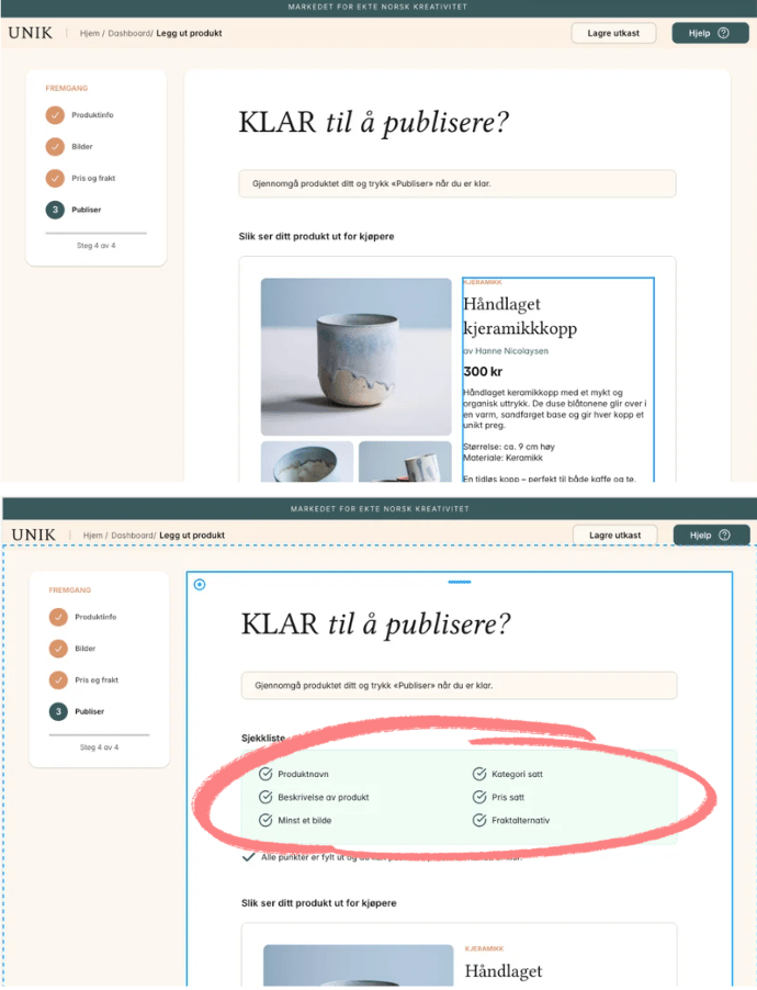A two-panel view of a product publication page, showing a ceramic cup preview and a highlighted checklist.