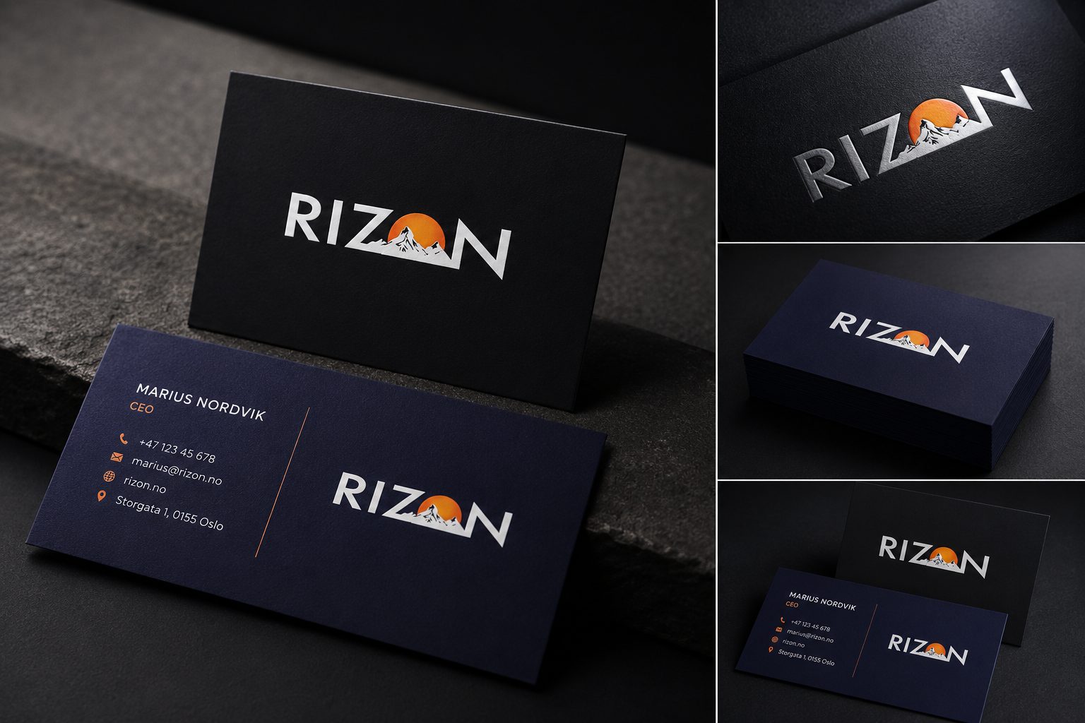 A collection of business card mockups for 'RIZON' featuring black and dark blue cards with a mountain and sun logo.