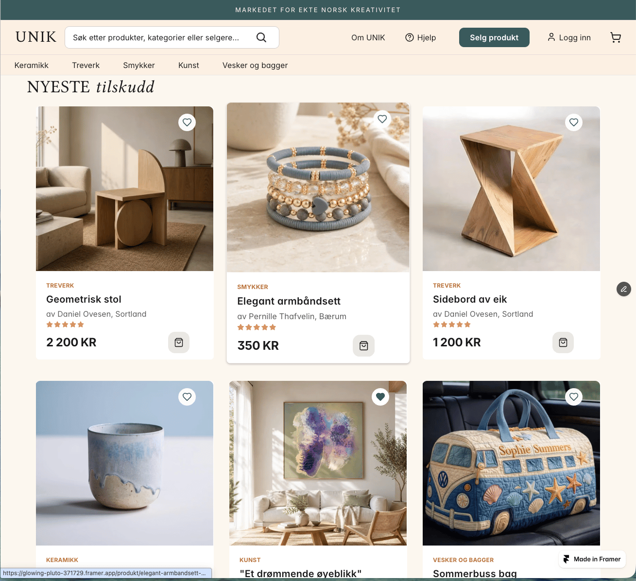 Six product cards displaying Norwegian creative products including furniture, jewelry, ceramics, art, and bags.