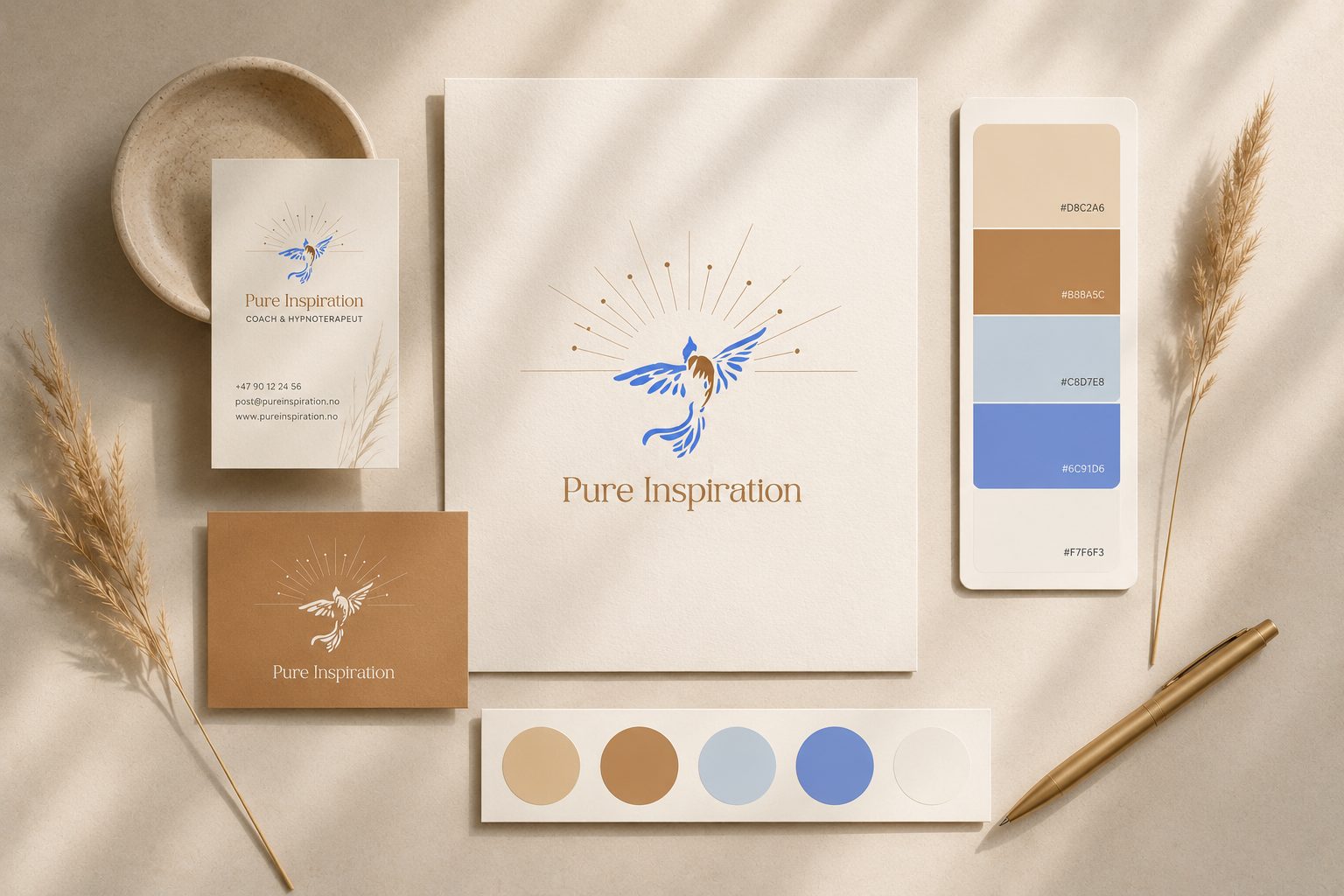 A branding mockup for Pure Inspiration, featuring business cards, letterhead, and a color palette with blue and earthy tones.