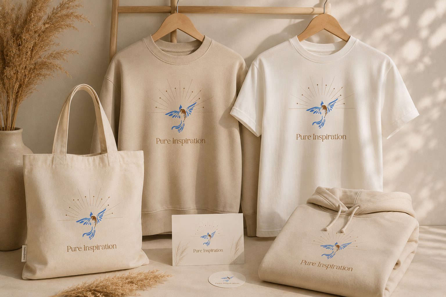 Apparel and accessories featuring a blue bird logo and "Pure Inspiration" text, including shirts, tote, hoodie.