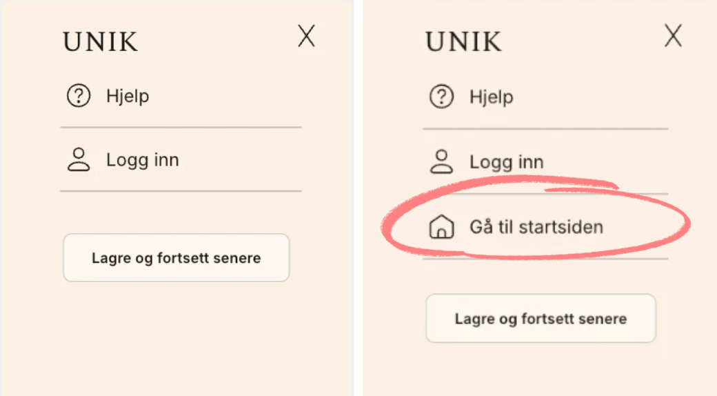 Two menu screens, with the right highlighting the added 'Gå til startsiden' (Go to homepage) option.