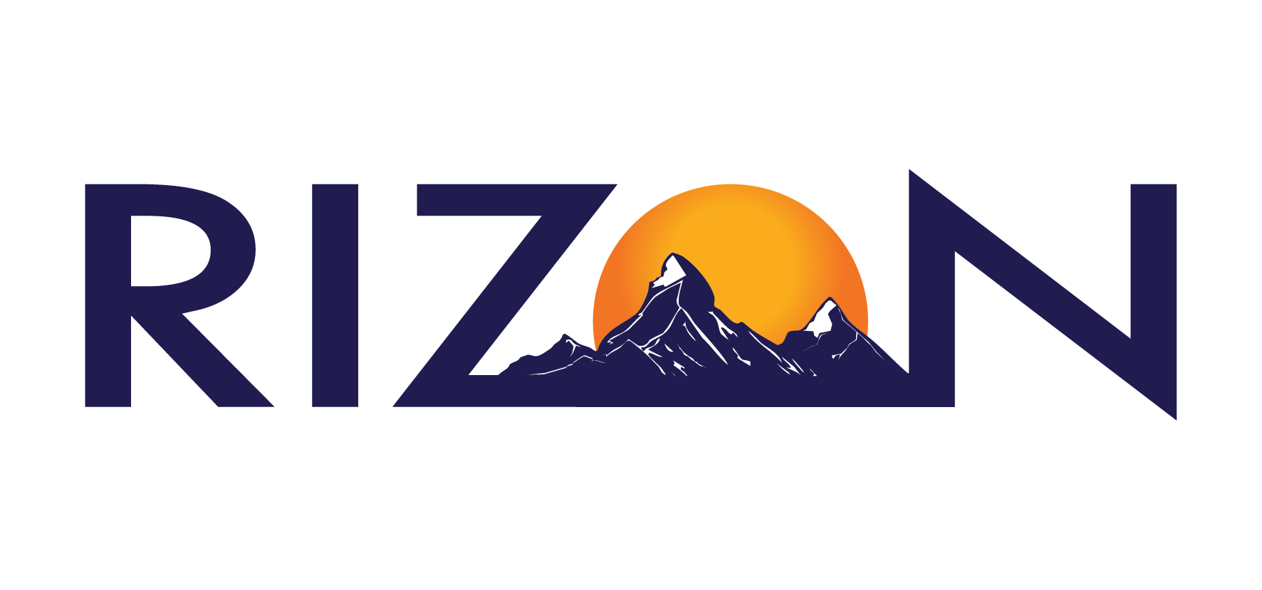 A modern Rizon logo featuring dark blue letters, with snow-capped mountains and an orange sun embedded in the 'O'.