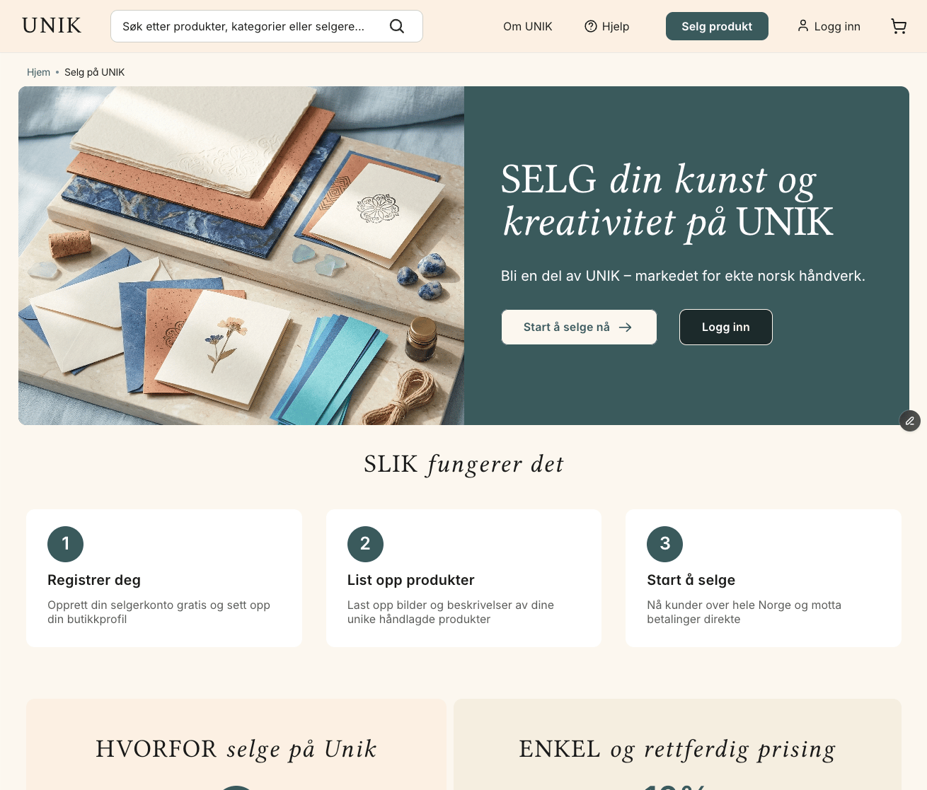 UNIK website promoting selling art and crafts, with steps for registration and product listing.