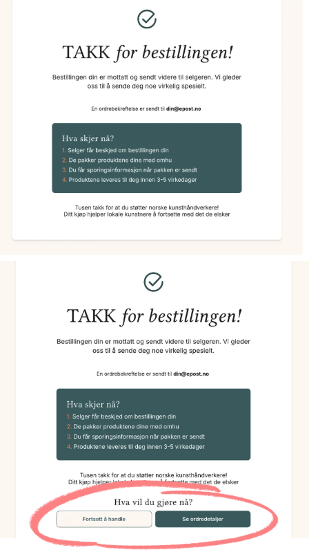 Norwegian order confirmation email detailing next steps, delivery information, and interactive action buttons.