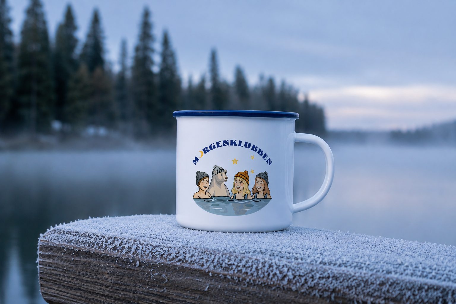 An enamel mug with a "Morgenklubben" illustration, showing a polar bear and three people in winter hats in water, set against a misty, cold lake.