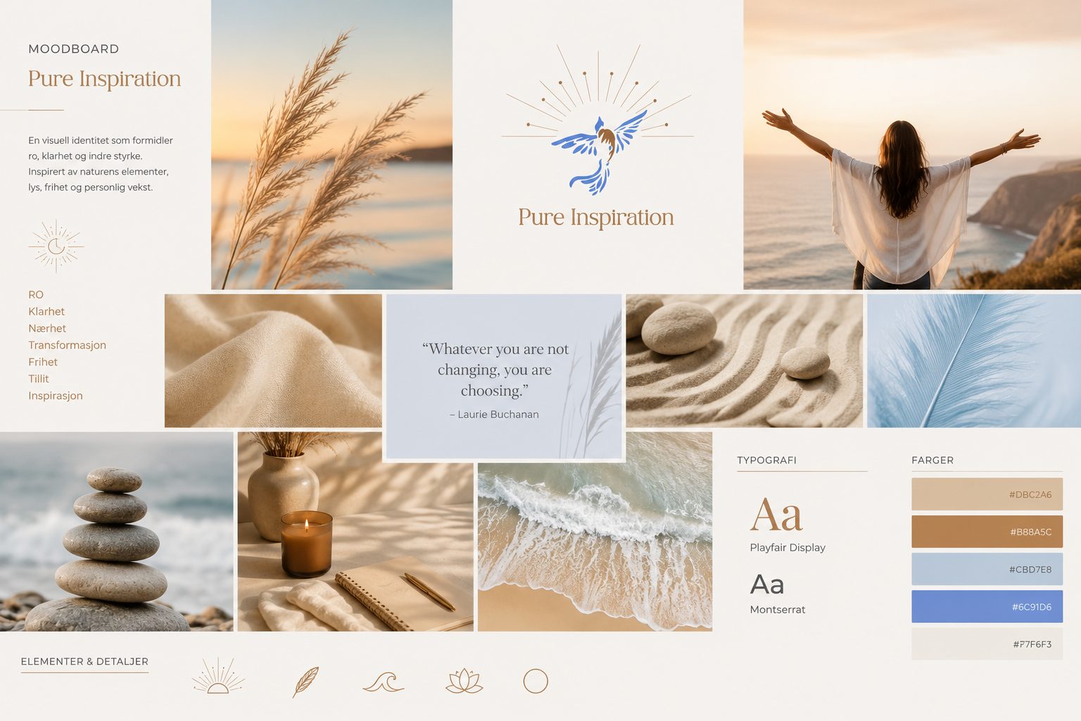 A moodboard for 'Pure Inspiration' featuring nature imagery, a logo, quote, and color palette in beige and blue tones.