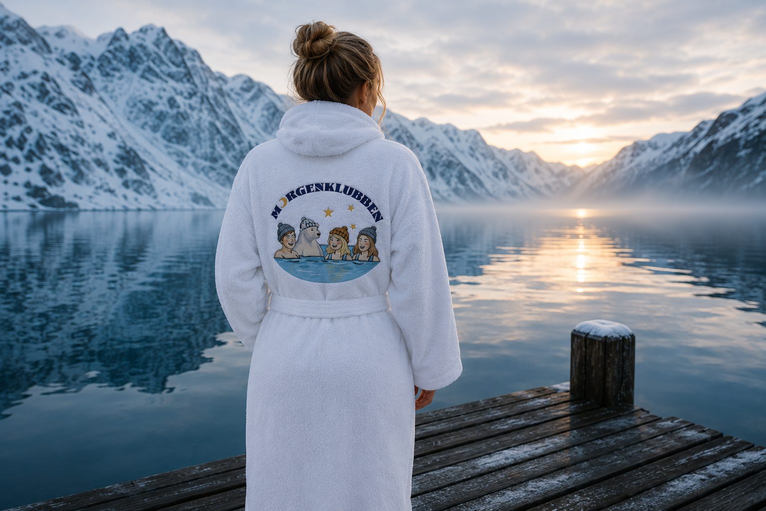 Person in white bathrobe with embroidered logo overlooks snowy fjord and sunrise from a pier.