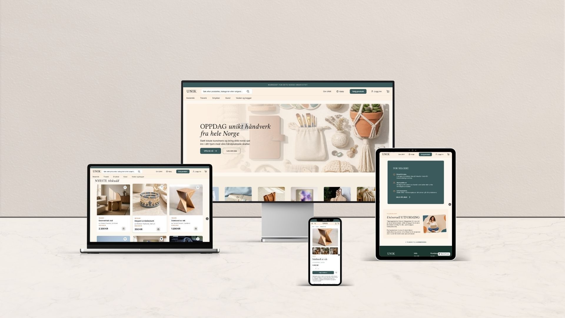 Various devices (desktop, laptop, tablet, phone) displaying an e-commerce website for unique Norwegian crafts.