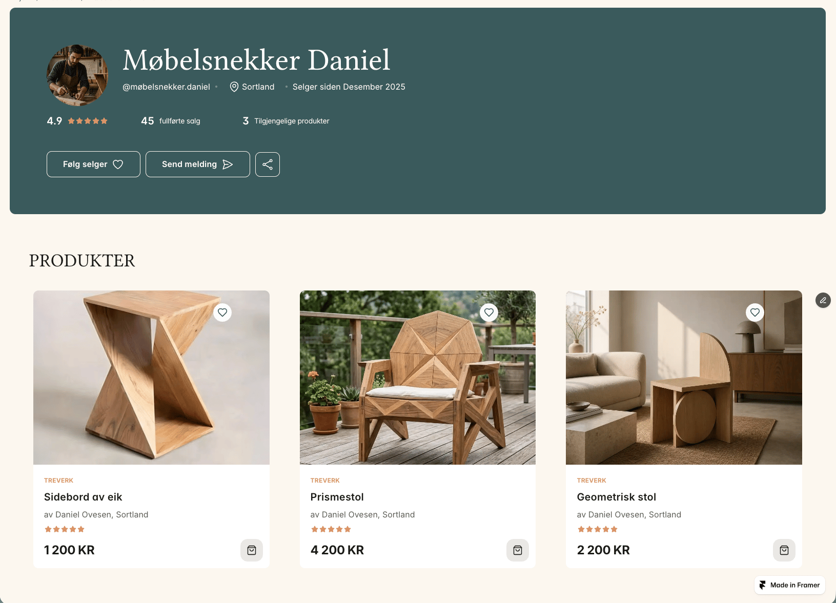 Møbelsnekker Daniel's profile showing ratings, sales, and three handcrafted wooden furniture products.