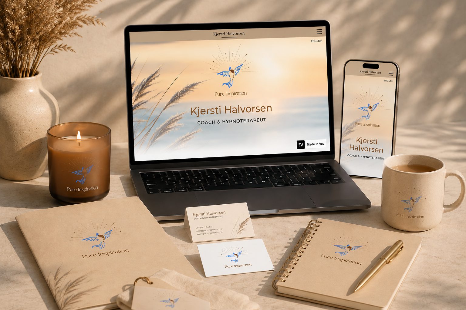 Branding elements (laptop, phone, candle, mug, notebooks, cards) for Kjersti Halvorsen, "Pure Inspiration".
