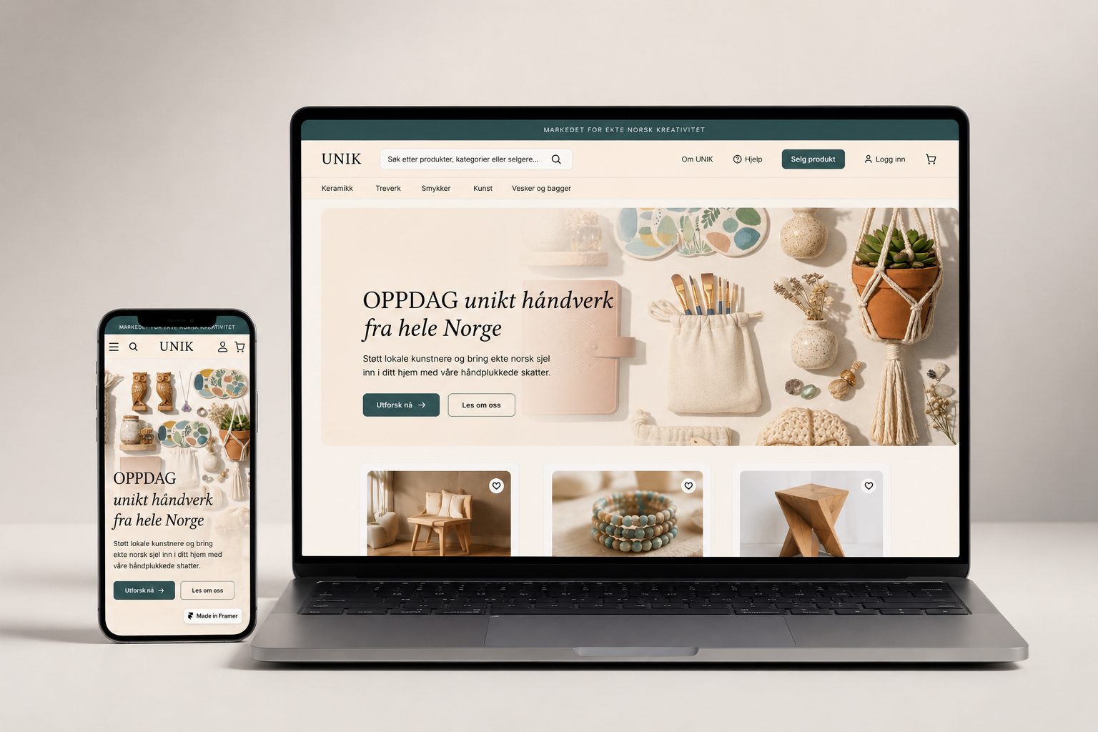 A laptop and smartphone display the UNIK website, an e-commerce platform for Norwegian crafts.