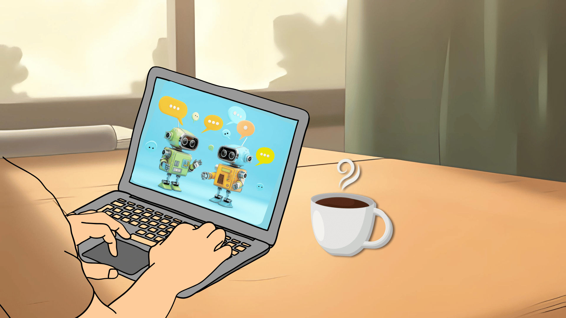 Person typing on laptop, screen shows two chatbot robots chatting with speech bubbles. Coffee nearby.
